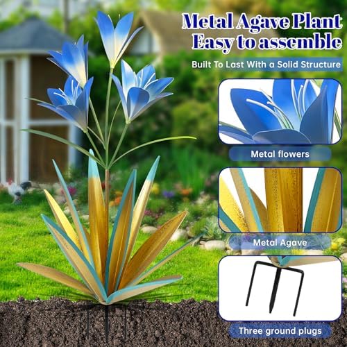 TOMBABY 32.28 Inch Metal Agave Plant Outdoor Decoration Lily Mexican Yard Art Garden Gift Home Decor Hand Painted Metal Agave Garden Yard Statue (2pc, Blue) - Image 3