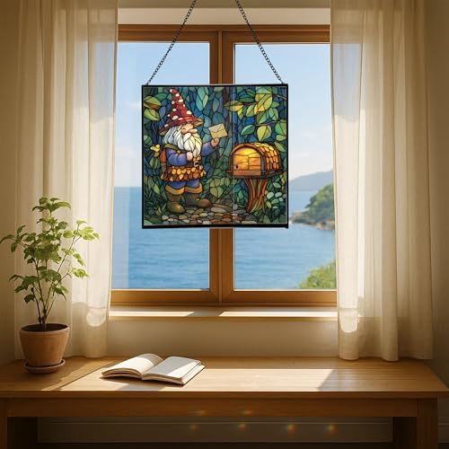 Gnome Mail Delivery Stained Glass Suncatcher – Square Hanging Window Panel for Home or Greenhouse – Whimsical Glass Art Gift for Garden Lovers, Christmas, Halloween, Father Days HyLaaA - Image 6