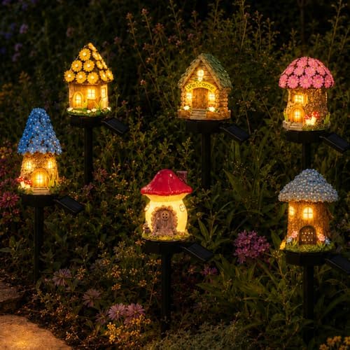 6 Pack-Solar Lights Outdoor, Mushroom Fairy House Stake Lights, Waterproof Cute Garden Decor for Yard, Lawn, Pathway, Patio & Cottage Garden by wosdy