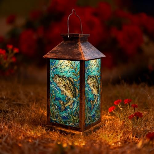 Solar Lantern Vibrant Stained Glass Design Bass Fish Aquatic Fishing Lovers Garden Hanging Lantern Waterproof Solar Powered Lighting Outdoor Table Lamp for Deck Yard Patios Trees Decor - Image 3