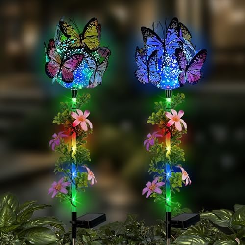 Solar Flowers Lights Outdoor Pathway,2 Pack Butterfly & Ball Garden Stakes by HokfirmHomeDecorGarden