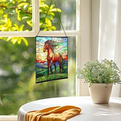 Bay Lusitano Horse Standing ATOP Hill at Sunset Square Suncatcher – Stained Glass Style Window Panel with Pastoral Scene, Custom Decorative Hanging Art for Equestrian Home, Christmas viOc1b - Image 3