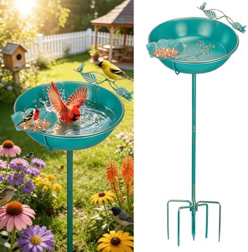 Mellbree Bird Bath for Outside 13", Metal Freestanding 13" Dia 39" H Lake Blue Gold Gilding Birdbath with Perch & Feeder Bowl, Multi-Functional for Garden Patio Yard Lawn Outdoor Decor by Mellbree