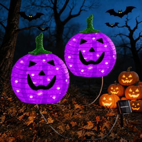 Solar Halloween Pumpkin Lights, 2 Pack Purple Pathway Stake Lights by DAYLIGHTIR