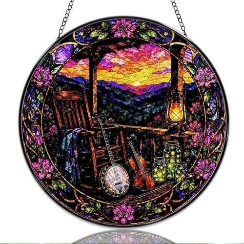 9.84 Inch Stained Glass Window Hanging Mountain Sunset Porch Music Scene Sun Catchers Rustic Banjo Violin Lantern Floral Suncatchers for Home Porch Garden Indoor & Outdoor Decor by Unknown