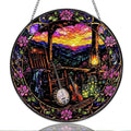 9.84 Inch Stained Glass Window Hanging Mountain Sunset Porch Music Scene Sun Catchers Rustic Banjo Violin Lantern Floral Suncatchers for Home Porch Garden Indoor & Outdoor Decor by Unknown