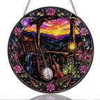 9.84 Inch Stained Glass Window Hanging Mountain Sunset Porch Music Scene Sun Catchers Rustic Banjo Violin Lantern Floral Suncatchers for Home Porch Garden Indoor & Outdoor Decor by Unknown