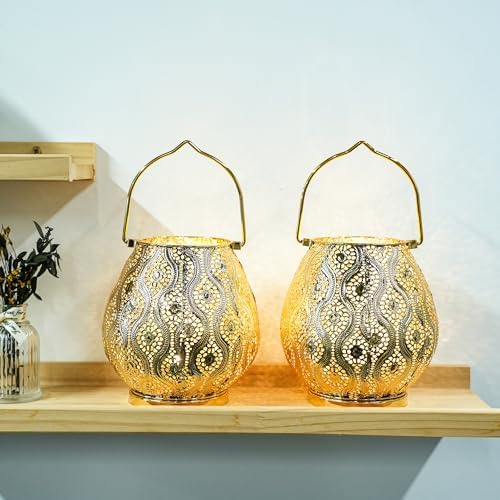 TRIROCKS Set of 2 Moroccan Decorative Lamps 8'' High Cordless Lamp Metal Table Lamps with Fairy Lights Bulb for Home Living Room Garden Yard Party Events Tabletop Indoor Outdoor(Gold) - Image 7