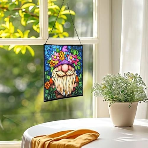 Gnome with Flower Crown Stained Glass Suncatcher – Square Hanging Window Panel for Home or Greenhouse – Whimsical Glass Art Gift for Garden Lovers, Christmas, Halloween, Father Days 1fhnsj - Image 3