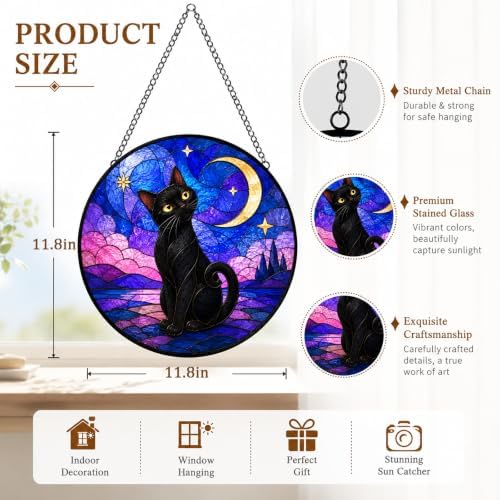 Black Cat Moon Stained Glass Window Hanging with Metal Chain - Image 3