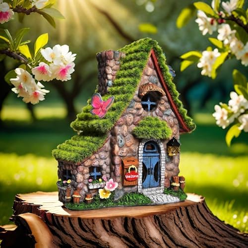 ASAWASA Resin Fairy House Statues with Solar Powered Lights, Funny Garden Sculptures with Flocked and Cobblestone Decor, Exquisite Garden Cottage Figurines - Image 3