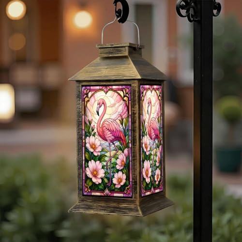 Solar Lantern Outdoor Waterproof Pink Tropical Flowers Stained Glass Garden Decor LED Hanging Solar Lights Tabletop Lamp Gifts for Women Mom Outside Yard Patio Porch by DERUINVAIO