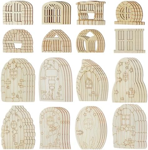 128 Pcs Fairy Doors, 16 Styles Wooden Miniature Garden Door Unfinished DIY Blank Windows for Miniature Fairy Room Decorations by GOMAKERER