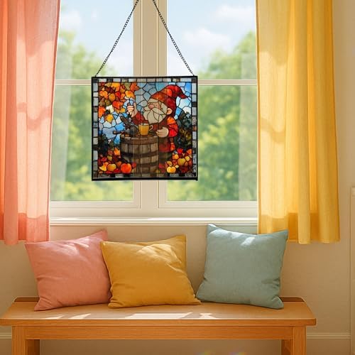 Gnome with Apple Cider Stained Glass Suncatcher – Square Hanging Window Panel for Home, Garden, Nursery, Halloween, Christmas, Memorial Day – Whimsical Glass Art Gift for Gnome Lovers sytleu - Image 5