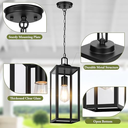 BesLowe 15” Large Outdoor Pendant Light, Modern Hanging Lantern, Black - Image 7