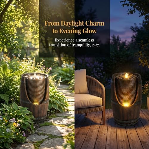 24.8 Inch Outdoor Water Fountain, Barrel Resin Cascading Water Feature with Warm LED Lights, Quiet Pump for Patio Garden Porch - Image 5