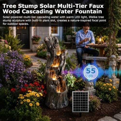 39.37" Tall Solar Water Fountain Outdoor Garden Faux Tree Stump - Image 5
