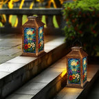 Solar Lantern Blue Dragonfly Stained Glass Colorful Floral Outdoor Waterproof Hanging Solar Light Outside Lights for Patio Yard House Lawn Decor Birthday Gifts for Women Mom - Image 6