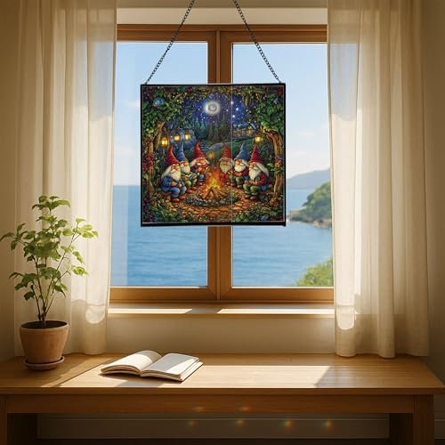 Campfire Story Gnome Stained Glass Suncatcher – Square Hanging Window Panel for Home or Greenhouse – Whimsical Glass Art Gift for Garden Lovers, Christmas, Halloween, Father Days hQZx4H - Image 6