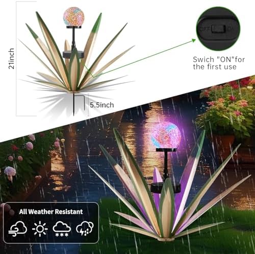 2Pack Metal Agave Rustic Sculpture Yard Decor with Solar Mosaic Light, 21Inches Height Hand Painted Metal Tequila Garden Statue Green - Image 2