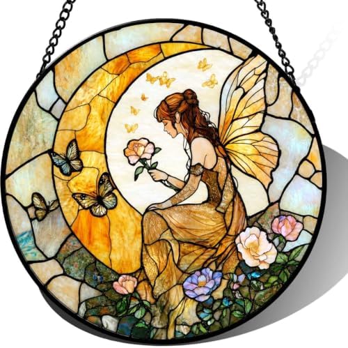 9.84 Inch Stained Glass Suncatcher Fairy and Butterfly Moon Window Hanging Floral Art Decor for Home Unique Gift for Her Mom Birthday Anniversary Wall Ornament Boho by Unknown