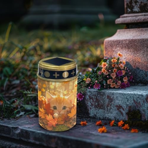 Poceacles Flameless Candle Solar Powered Grave Outdoor Lights Cemetery Candle Flameless Fake LED Pillar Lights Outdoor Waterproof Lawn Decoration, Cute Cat Autumn Forest Leaf, Set of 4 - Image 3