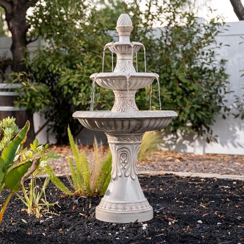 XBrand 47" H 3-Tier Freestanding Outdoor Ceramic Water Fountain with Leaf Details for Patio, Yard and Garden Decor, Beige with Pump for Outdoor Spaces - Image 5