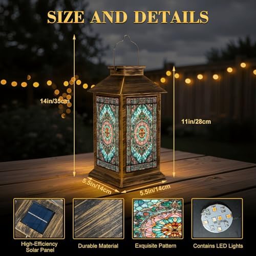 Stained Glass Style Solar Lantern Outdoor Garden Hanging Lantern Stained Glass Sunflower Soft Spring Hues Intricate Border Waterproof Solar Powered Lighting Outside Table Lamp for Patio Deck Yard - Image 2