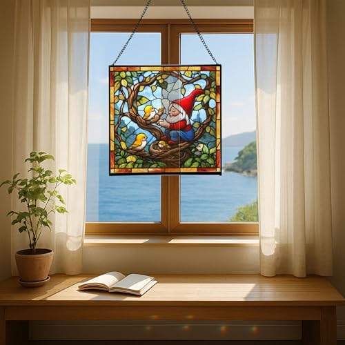 Gnome with Baby Birds Stained Glass Suncatcher – Square Hanging Window Panel for Home, Garden, Nursery, Halloween, Christmas, Memorial Day – Whimsical Glass Art Gift for Gnome Lovers n0kdzi - Image 6