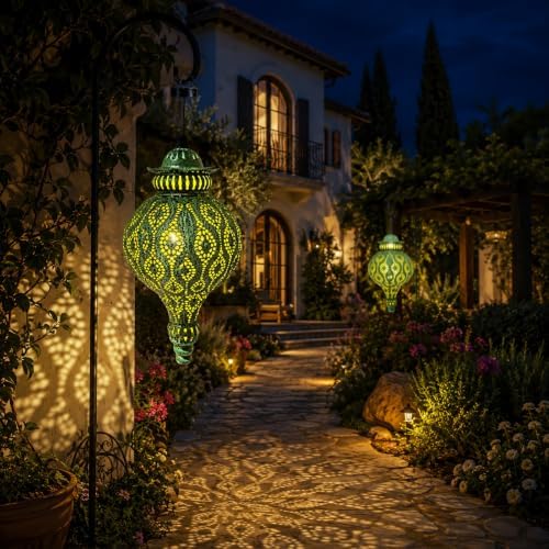 Moroccan Solar Lanterns Outdoor Hanging Garden Decor (2 Pack, Green) - Image 2