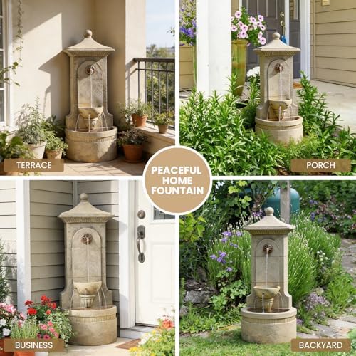 Bumilgar 42.91" H Outdoor Wall Water Fountain, Beige Vintage Pavilion Resin Cascading Fountain for Patio Garden Backyard Decor - Image 6