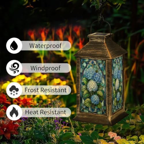Solar Lantern Stained Glass Style Blue Outdoor Waterproof Garden Hanging Lantern Solar Powered Lighting Outside Solar Light for Patio Yard Camping, Gifts for Women Mom - Image 3