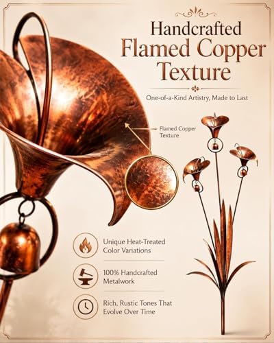 2026 Flamed Copper Three Calla Lilies Garden Stake with Bells, Rain Catcher Flower Handmade 24inch Large Whimsical Metal Plant Sculpture Yard Art Decor, Rustic Wind Chime Ornament Gift - Image 3