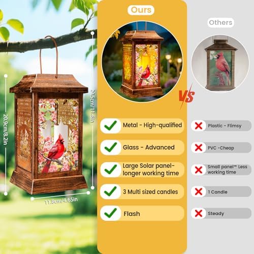 Cardinal Solar Lanterns Outdoor Waterproof, Metal & Glass Hanging Lights Garden Decor, Birthday Gifts for Women Mom Grandma Mothers Day, Decorative Lights for Outside Yard Patio Backyard Porch - Image 3