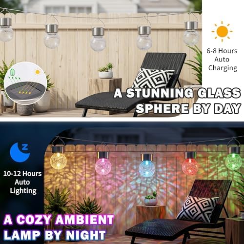 Outdoor Hanging Solar Lights, 12 Pack Multi-Color Changing Cracked Glass Hanging Ball Lights with Handle, Waterproof Solar Bulb Outdoor Garden for Balcony Tree Patio Yard Path Party Decoration - Image 5