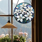 Stained Glass Window Hanging - White Lily Flowers Suncatcher for Door Terrace Garden Home Decor Blue Purple Sun Catcher Birthday Gifts for Lovers Women Men Dad Mom Nana 15 in - Image 4