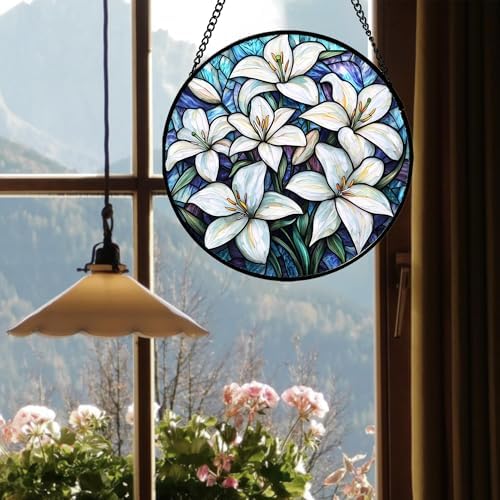 Stained Glass Window Hanging - White Lily Flowers Suncatcher for Door Terrace Garden Home Decor Blue Purple Sun Catcher Birthday Gifts for Lovers Women Men Dad Mom Nana 15 in - Image 4