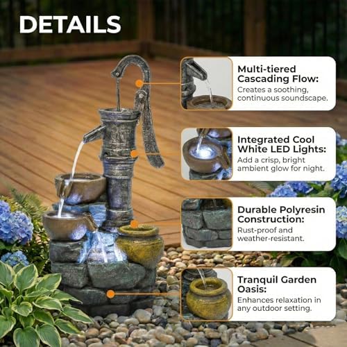Vintage Hand Pump Water Fountain Outdoor, 32.3" Tall with LED Lights, Natural Stone Look Resin Cascading Water Feature for Patio, Lawn, Backyard & Garden Decor (Vintage Pump Head 32.3" H) - Image 5