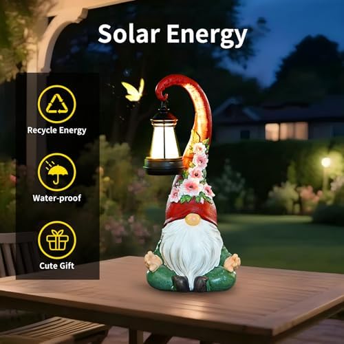 Solar Garden Gnome Statue, 13.1 Inch Zen Gnome with Lantern for Yard Decor - Image 6