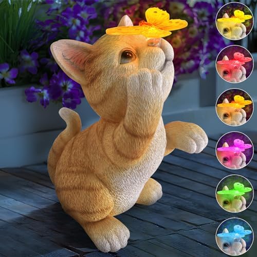 Solar Garden Statue Cat Figurine,Resin Outdoor Decor for Patio Yard by PaLuQiYa