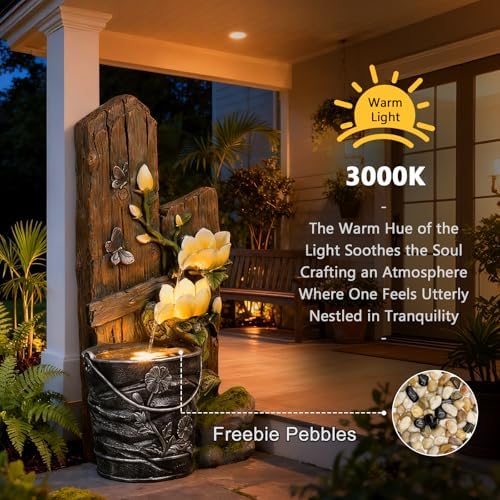 30.7" H 3-Tier Rustic Water Fountain Outdoor with Lights, Faux Iron Bucket & Wooden Stripe Cascading Waterfall Feature with Flowers & Butterfly for Garden, Patio, Backyard, Porch, Yard Decor - Image 4