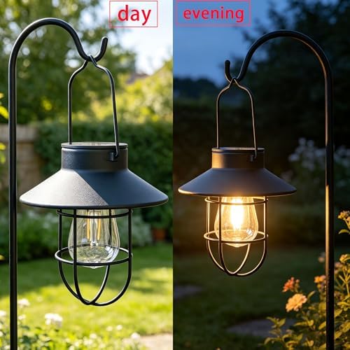 Solar Lanterns Outdoor Waterproof,4pack Hanging Solar Lights Lantern Lamp with Shepherd Hook, Metal Waterproof Edison Bulb Lights for Garden Outdoor Pathway - Image 2