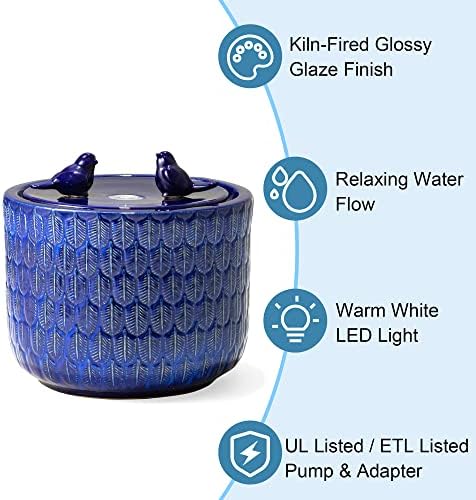 Glitzhome 14.75”H Outdoor Ceramic Garden Water Fountain with LED Lights and Pump, Two Birds Embossed Leaf Pattern Patio Fountain Floor Standing Bird Bath Fountains for Porch Deck Backyard, Cobalt Blue - Image 4