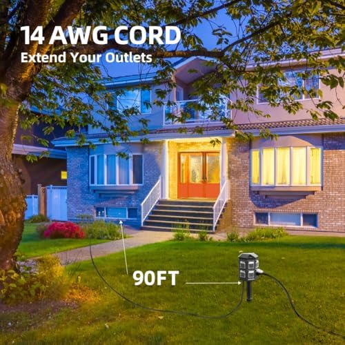 TiFFCOFiO Outdoor Power Strip with Stake Waterproof, 90 FT Extension Cord, 6 Grounded Outlets for Outdoor Lights, 14 AWG, 15A/1875W, ETL Listed - Image 3