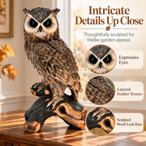 18.98" Realistic Owl Garden Statue, Resin Bird Deterrent, Brown Yard Decor - Image 2