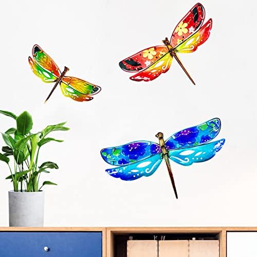 John's Studio Dragonfly Wall Decor Outdoor Metal Garden Hanging Art Glass Sculptures Home Insect Theme Decorations for Living Room, Bedroom Yard, Fence and Patio - 3 PCS - Image 3