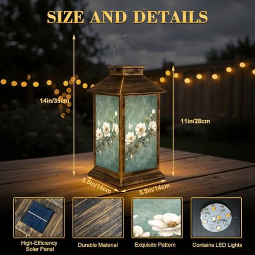 Solar Lantern Outdoor Waterproof Vintage Green Blue Leaf White Magnolia Floral Forest Flowers Branches Garden Decor LED Solar Lights Hanging/Tabletop Lamp Gifts for Women Mom for Outside Yard Patio - Image 2