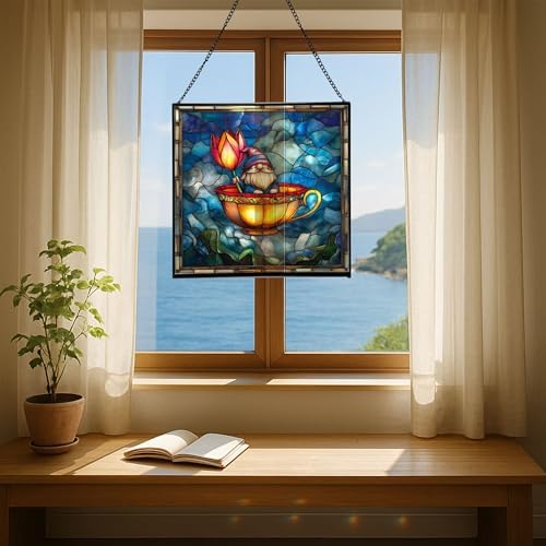 Gnome in Tulip Teacup Stained Glass Suncatcher – Square Hanging Window Panel for Home or Greenhouse – Whimsical Glass Art Gift for Garden Lovers, Christmas, Halloween, Father Days dXYmAm - Image 6