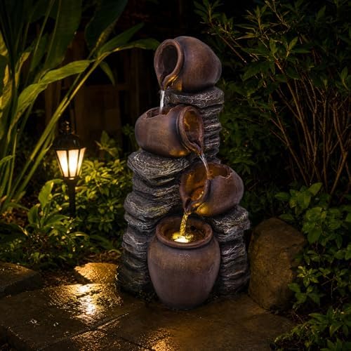 24.8" H Outdoor Water Fountain with Lights, 4-Tier Clay Pot Garden Fountain - Image 2