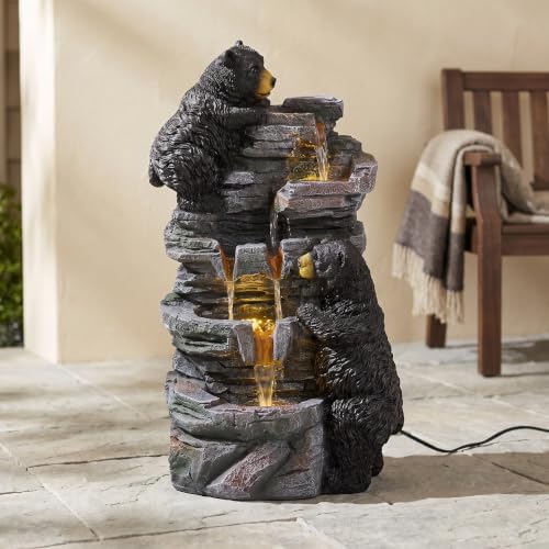 26.38" Bear Waterfall Fountain with LED Lights, Resin Outdoor Water Fountain with Cascading Rock Design, Wildlife Garden Fountain for Patio, Backyard, Porch & Yard, Black and Gray - Image 7